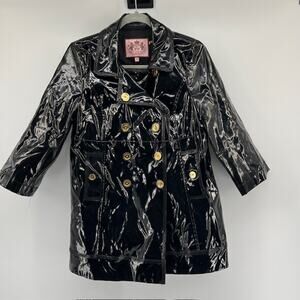 VTG Juicy Couture Patent Leather Short Trench Jacket Womens M Black Y2K Glam